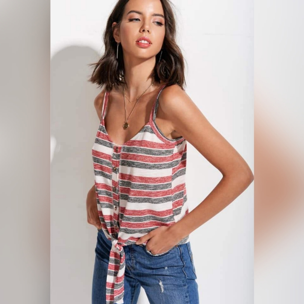 Stripe Button Up Tie Front Tank Top